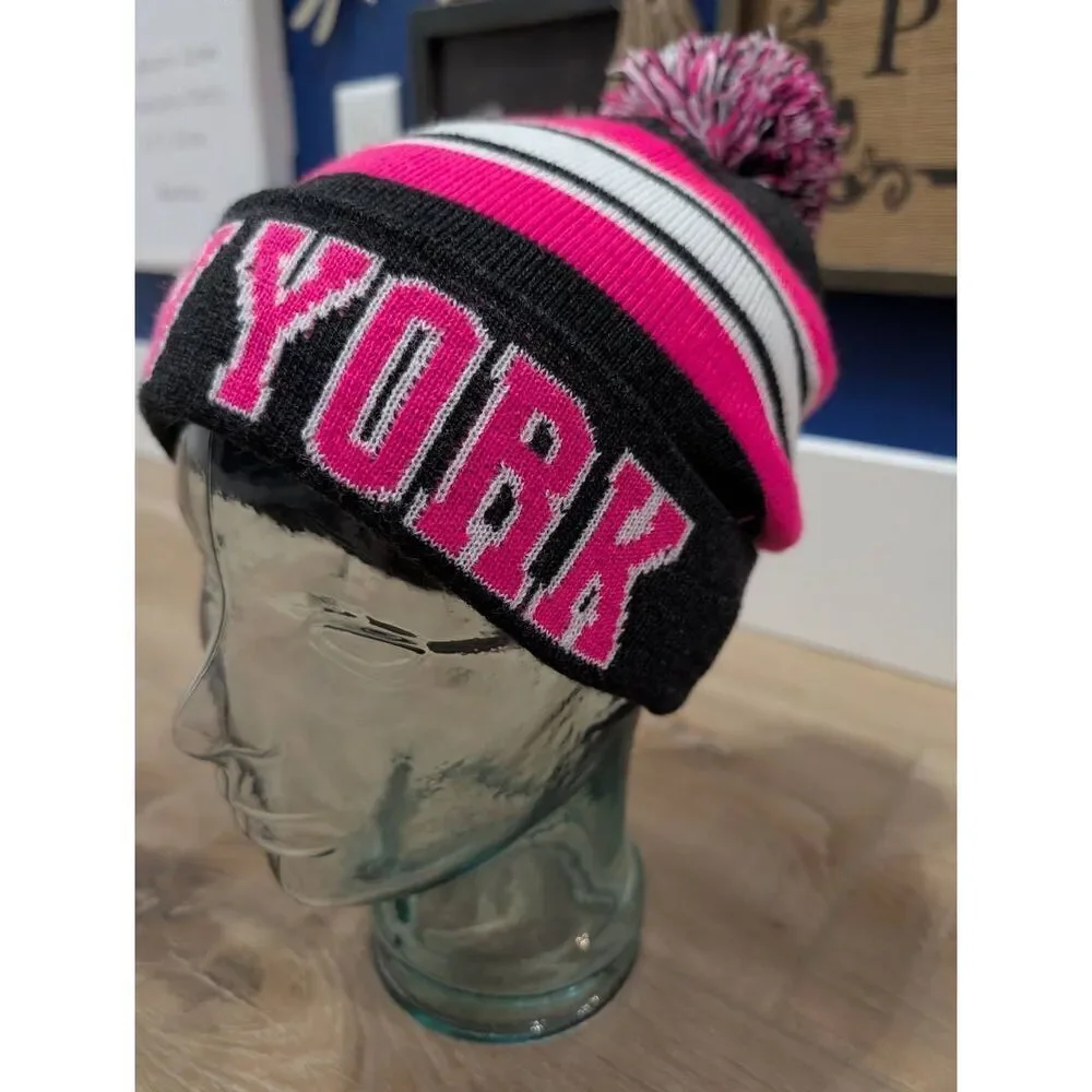 New York Pink Navy Pom Pom Beanie Hat Women’s Winter Knit Cap READ